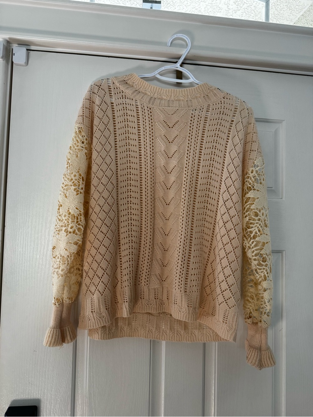 Cream Open-Knit Crewneck Sweater with Lace Sleeves
